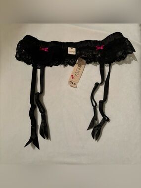 Victoria's Secret Black Lace Garter Belt with Pink Ribbon Accents